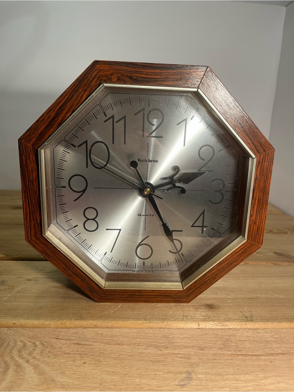 Vintage Mcm Octagonal 80s Wall Clock Verichron Quartz  Wood Finish Works!